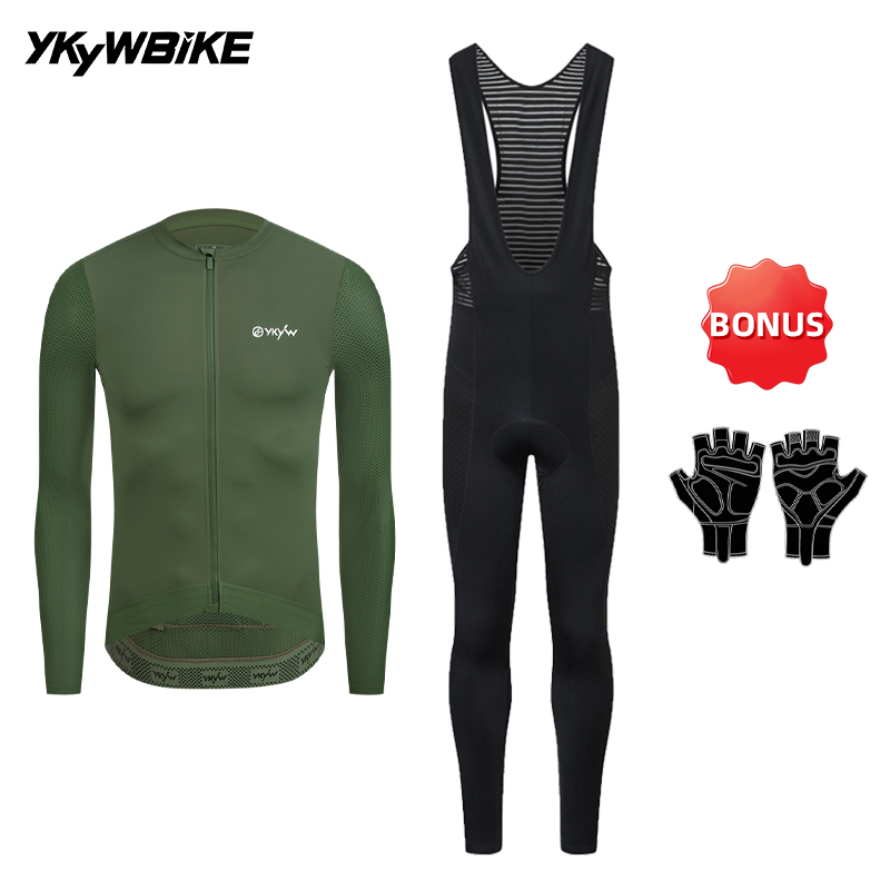 Cycling Gear Jersey - YKYWBIKE メンズ サイクリングジャージセット、春用自転車ウェア、長袖ビブタイツ、ロードバイク用スーツ、ビブパンツ